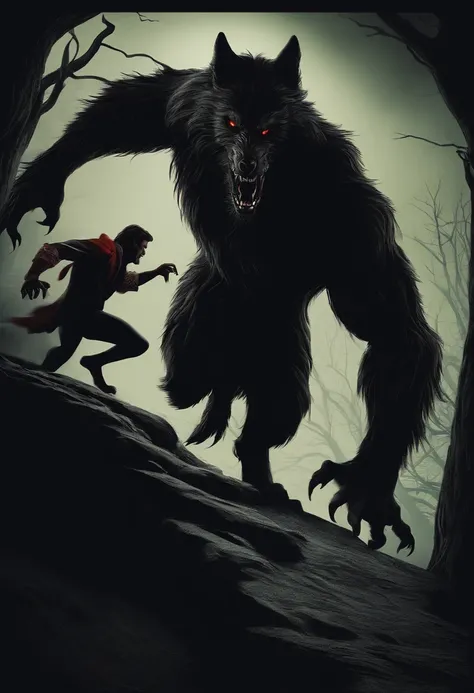 a werewolf emerges from the shadows and attacks the vampire.