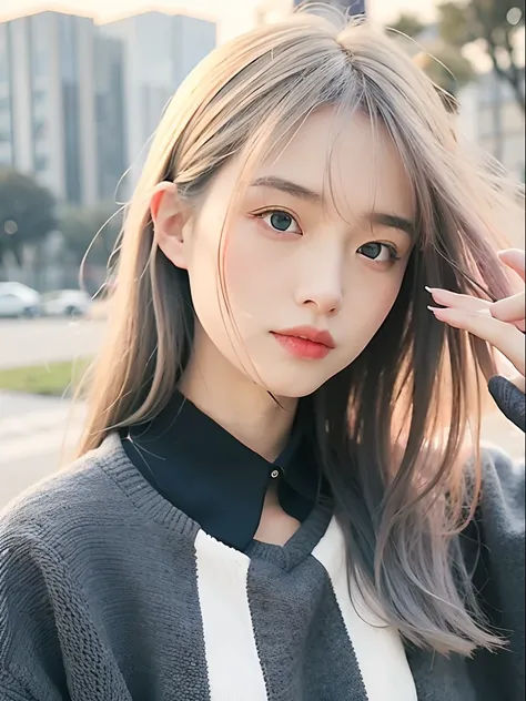 mix4,(top-quality), (Photorealsitic),(A little rural background:1.2), 1womanl, The upper part of the body, High Detail Face,, (Silver hair)、 (8K)、（Long bangs:1.5）、(medium-Long hair:1.6)、Strong eyes、Delicate and realistic skin and hair、（cowboy  shot:1.5）、Ov...