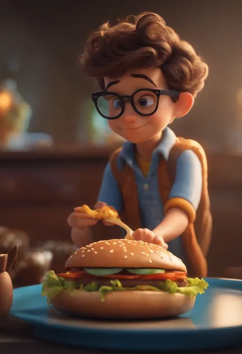 Make a Boy, Hes hungry, como Disney Cartoon, Hes eating hamburger, Pixar, ..3d, Disney, cabelo branco, 41 anos, wears glasses, Branco