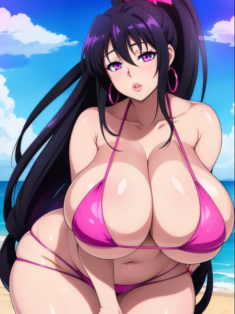 Akeno Himejima, 1girl, (((bimbo))), long black hair, purple eyes, ear rings, (((bimbo))), puffy lips, painted lips, thick lips, wide hips, thick thighs, huge round ass, enormous natural breasts, shiny oily breasts, pink bikini, hands on breasts, beach