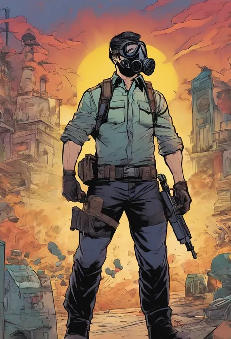 Homem com camisa preta, Black pants with gun holsters, Luvas, a black gas mask with a one-sided filter, capacete, sem rosto, sai do nevoeiro