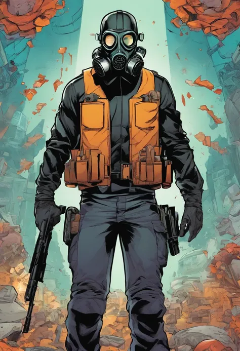 Homem com camisa preta, Black pants with gun holsters, Luvas, a black gas mask with a one-sided filter, capacete, sem rosto, sai do nevoeiro