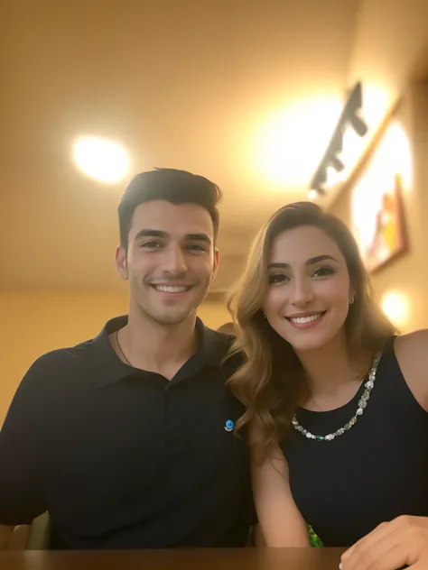 Casal (homem e mulher) sentados em uma mesa, both smiling for the camera, cerca de 20 yo, foto do perfil, Fotografia tirada em 2 0 2 0, Fotografia selfie 8k, foto de perfil headshot, imagem de perfil, estilo Disney Pixar