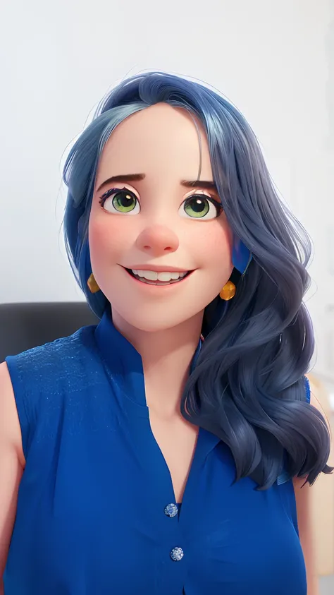 mulher sorridente no top azul sentado na cadeira com parede branca, estilo filme 3D ispirado na Disney Pixar.