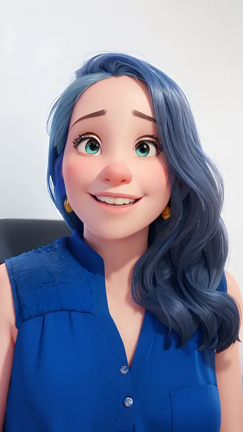 mulher sorridente no top azul sentado na cadeira com parede branca, estilo filme 3D ispirado na Disney Pixar.