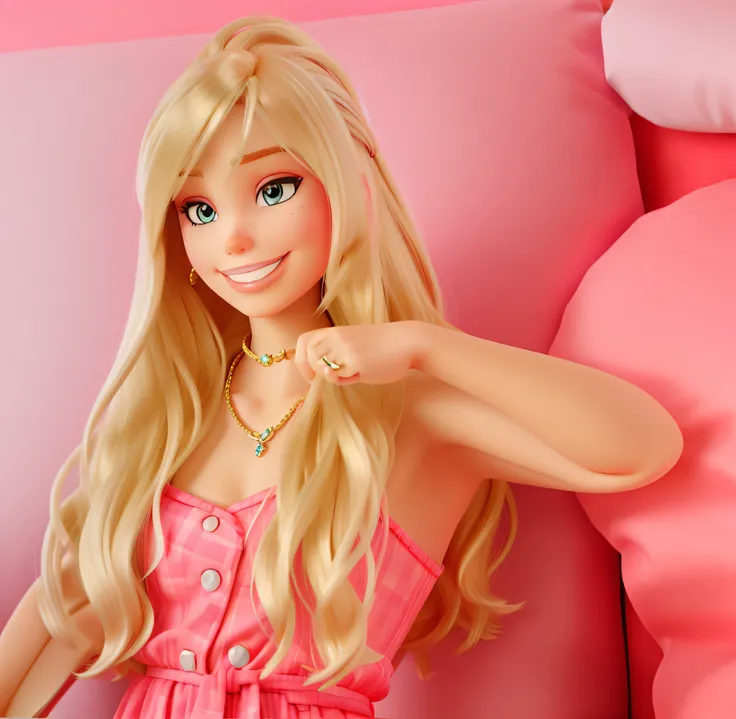 blondie girl, smilling, detailed jewelry, barbie color pattern