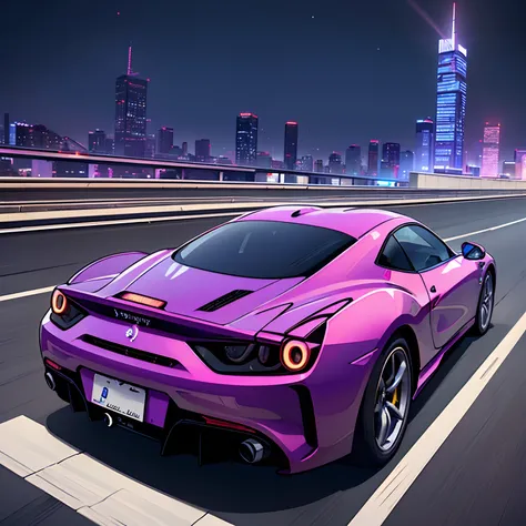 (Best quality, 8k, Masterpiece :1.2), hyper realistic, cyberpunk, at a mountain, an detailed purple Ferrari 488, Speeding on the highway, (Facing the audience), The blue skyscraper in the background, at night,