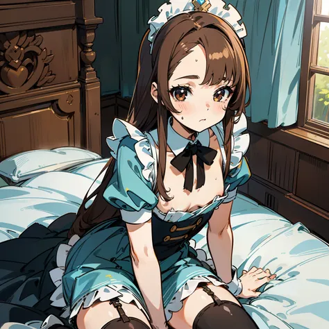 Extreme refinement, 1girl in, loli, dirty bedroom, NEET, femcel, long brown hair, straight hair, straight bangs, forehead bangs, maid dress, stockings, kawaii, loser girl, shoujo, 2000’s anime style（small tits) (petite body) (very thin) (no curves)