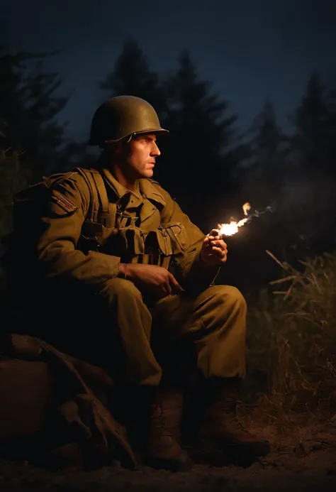 sitting ww2 soldier ignite his cigarette while enemy ambushing at behind, symetric photo, masterpiece, high definition render, 4K render, cinematic, ultra realistic, at night, cinematic lighting, war