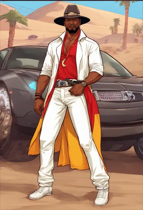 1 homem branco, aparentemente 36 anos, montado em um cavalo preto negro, homem brasileiro de pele branca, nativo gaucho, Hook, CALVO, Bald man with hat covered over shoulders , jeans rasgado, Wide pants , Cinta Larga, bota de couro, espada, Red scarf with ...