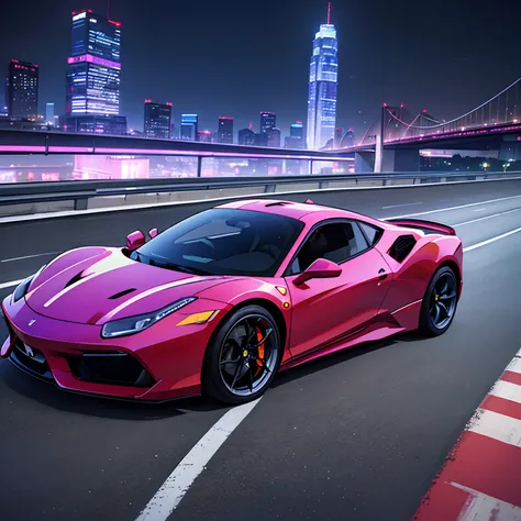 (Best quality, 8k, Masterpiece :1.2), hyper realistic, cyberpunk, at a mountain, an detailed purple Ferrari 488, Speeding on the highway, (Facing the audience), The blue skyscraper in the background, at night,