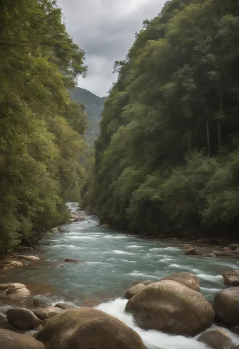 Paisagem, natureza, rio corrente, arvores, nuvens