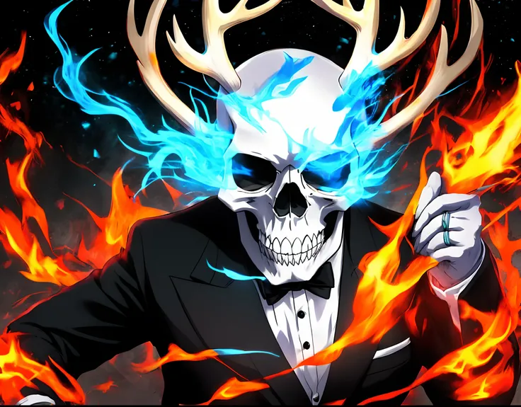 skull dressed in tuxedo with antlers and blue flames, with an bull skull for a head in a anime the skull is bald