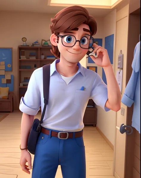 Adult Man Brown Hair Blue Eyes Wears White Shirt Glasses Full Body Electronic On Shirt Written HM , estilo  disney pixar, alta qualidade, melhor qualidade