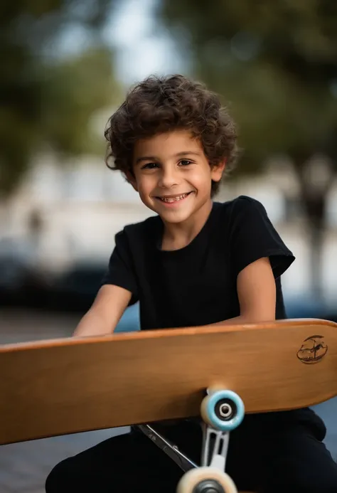 Smiling boy in black shirt standing on a wooden bench with a skateboard, Tirado com Canon EOS 5 D, Retrato no meio da foto, Tirada com uma Canon EOS 5D, Tirado com uma Canon EOS 5 D, Tirado com o meu Nikon D 3, Tomada com Canon 8 0 D, foto modo retrato, ne...