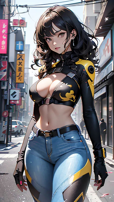 girl spacepunk,(1girl:1.3),((extremely cute and beautiful black curly-haired anime girl walking down the street)),

(large breasts:1.4),saggy breasts,(((black curly hair:1.35,absurdly long,colored inner hair,ear breathing))), ((brown eyes:1.3,upturned eyes...