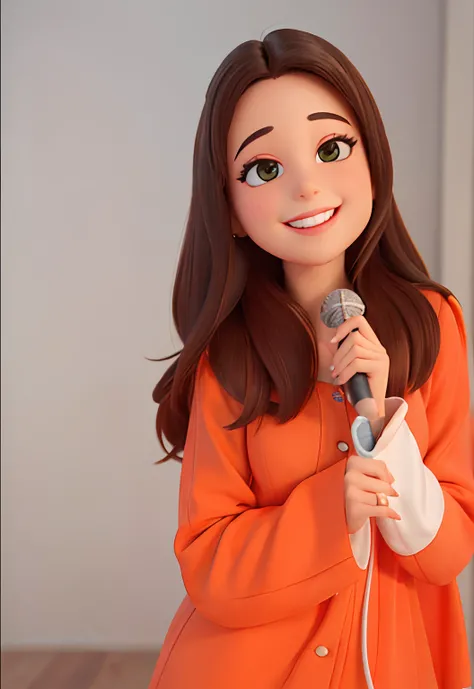 A smiling brunette girl with microphone in hand singing, cabelos pretos, estilo Disney pixar, melhor qualidade, alta qualidade