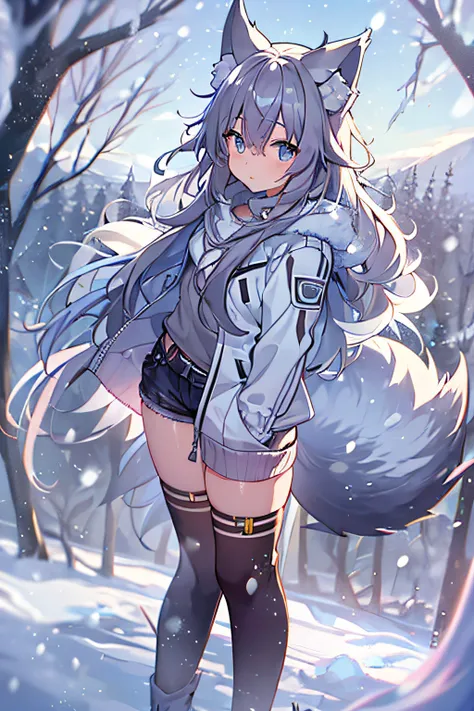 a wolf girl with beautiful long hair, wolf ears, wolf tail, wearing an open jacket, and short shorts, frozen landscape, snowing, facing the lence, high quality, high res