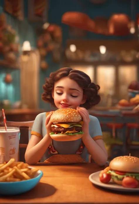 Make a Girl, Shes hungry, como Disney Cartoon, Shes eating hamburger, Pixar, ..3d, Disney