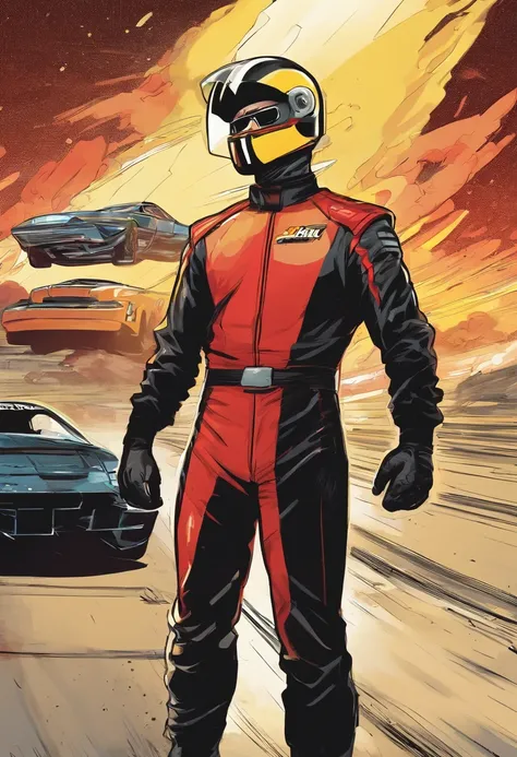 Man car racing driver standing in black jumpsuit with red yellow helmet on a race track