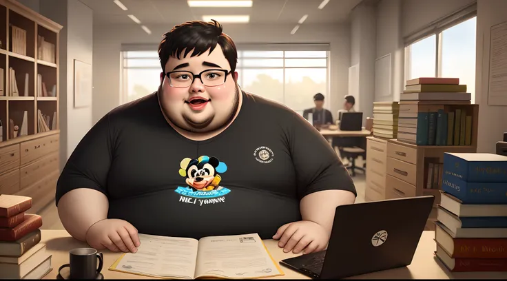 Crie um cartaz inspirado na Disney Pixar com o personagem sendo o Samuel Mello, An overweight black-haired man wearing glasses, In an office with books on the desk