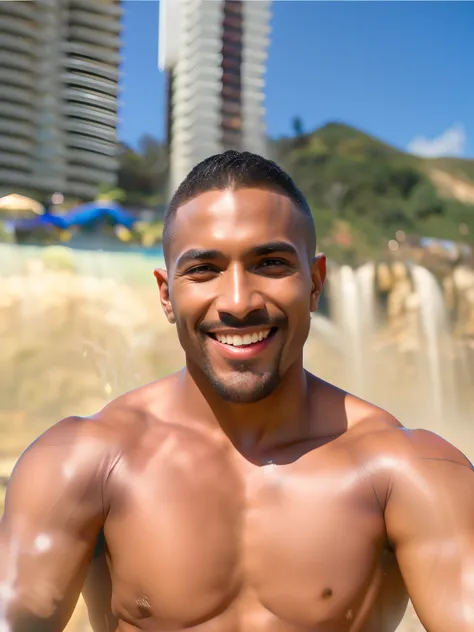 fking_scifi, fking_scifi_v2, portrait of a young, muscular extremely handsome and attractive Brazilian male model, in front of a waterfall, short windy hair, hairy tattooed body, colorful clothing and golden jewelry, close up, regal pose and attitude. fkin...