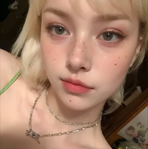 chica rubia con un collar y un estrangulamiento en el cuello, pecas blancas, 18 years old, piel blanca muy, very very pale, small freckles, piel blanca muy, very pale, cabello rubio muy, very pale, cabello rubio y ojos grandes, 19 year old girl, lindas pec...