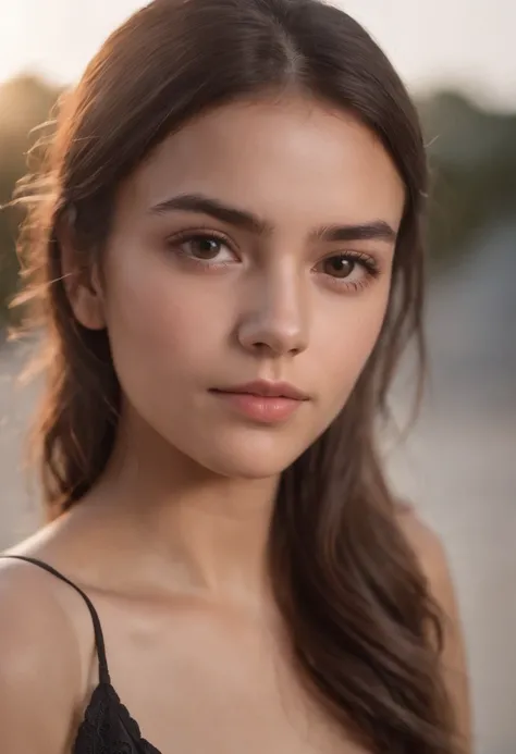 portrait of a 19-year-old girl, Mexican, beautiful, natural, no makeup, brown hair, social media model, good lighting, clear face, no bra