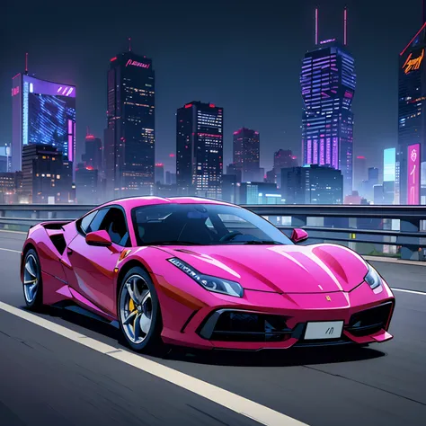 (Best quality, 8k, Masterpiece :1.2), hyper realistic, cyberpunk, at a mountain, an detailed purple Ferrari 488, Speeding on the highway, (Facing the audience), The blue skyscraper in the background, at night,