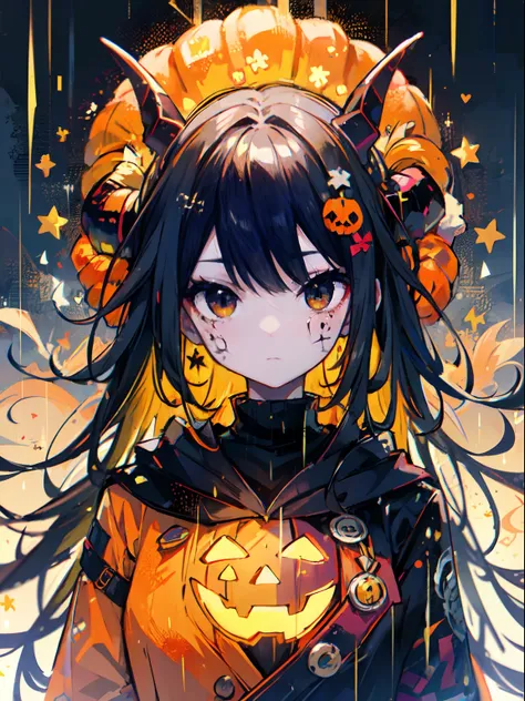 girl with a pumpkin hat and a demon horn, raining orenge fluid,orenge style and tattoos on face, pumpkins, halloween theme