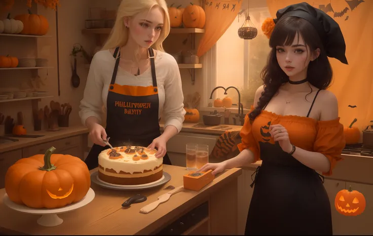 A kitchen with a Halloween theme in the background and a woman dressed in casual Halloween-themed clothes making a delicious orange cake with Halloween pumpkin decorations and the words "of the garden" in the background.