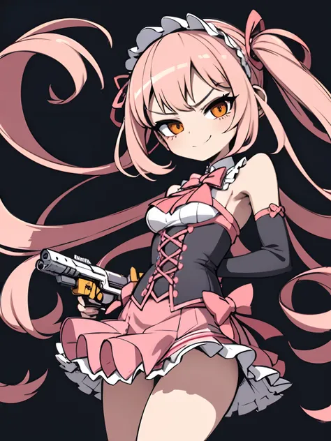 Extreme refinement, 1girl in, Lolita girl, Lolita dress, mini skirt, ruffle skirt, poofy skirt, delicate outfit, kawaii, holding gun, sweet smile, adorable, loli, shoujo, 2000’s anime style（small tits) (petite body) (very thin) (no curves)