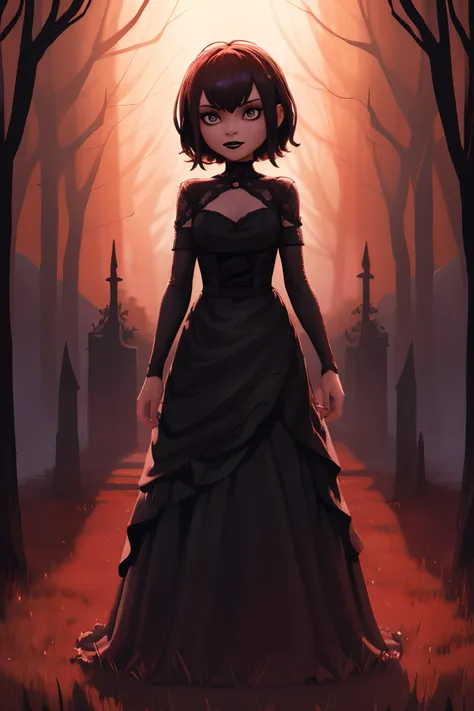 mavis, head, standing in woods, black lipstick, cute, gothic dress, gothic background, gothic, complex dress, queen. red orange ...