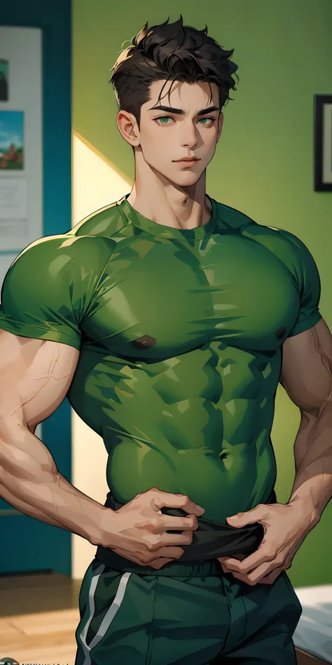 (masterpiece, Best Quality),The whole body of boy, 11 years old boy, Muscular, bodybuilder, green shirt