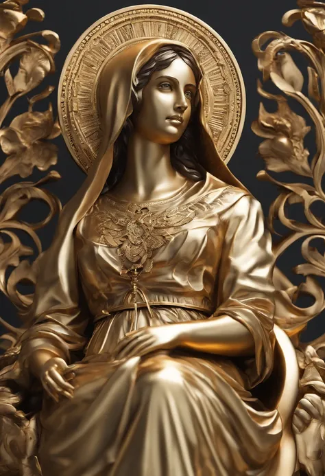 Stock stoic girl，Statue of the Virgin Mary in Gold，Smiling，The upper part of the body， 8k movie profile with Hercules style and dark background，Gold texture