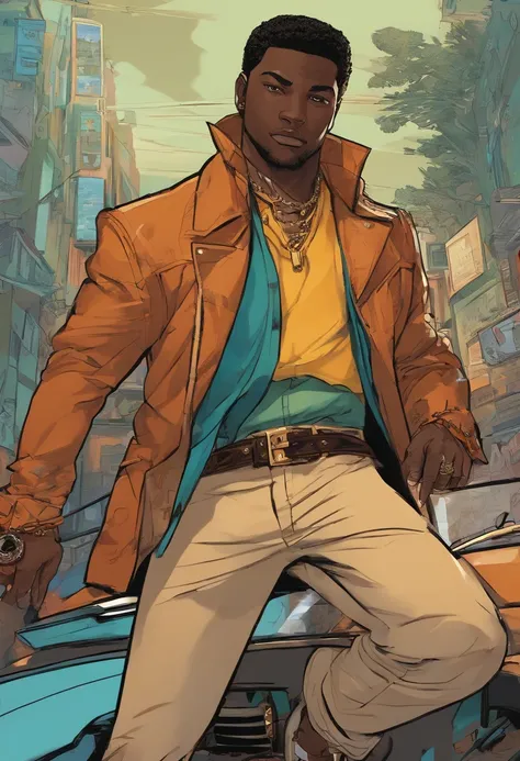 A closeup of a dark-skinned person wearing a brown jaguar painted jacket, regata branca por baixo da jaqueta, Dark grey jeans with black belt at the waist, sapatos marrons com biqueiras douradas.