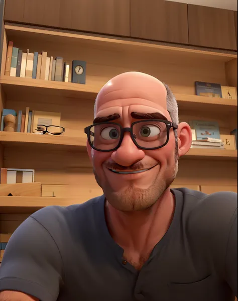 homem careca de oculos com barba fundo biblioteca estilo disney, alta qualidade, melhor qualidade