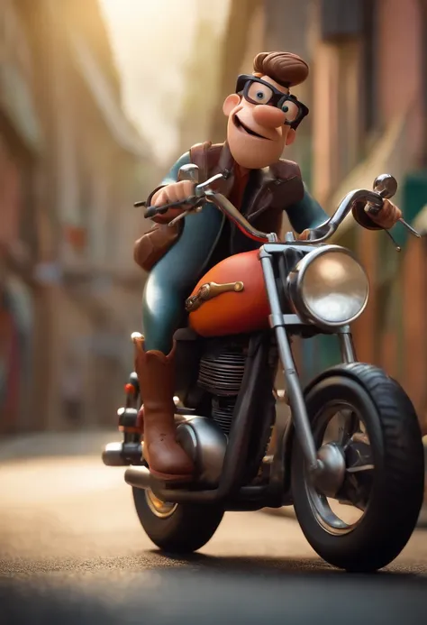 Character on a motorcycle with the style of the Aardman studio