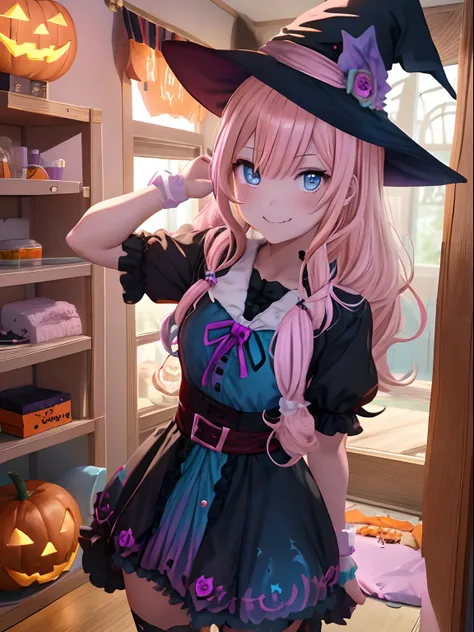 Halloween,Jack or lantern,shorttwintail,flaxen hair,odd eye(Pink and light blue),teens girl,Witch Cosplay,Home Party,decoration,Orange, black and white lively room,Upper Eyes,A slight smil,red tide,Waiting for a kiss,A face full of anticipation,The inside ...