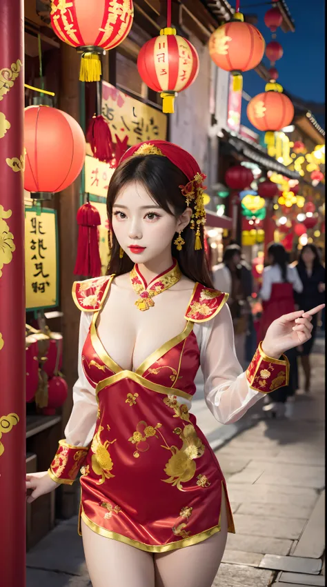 Detailed faces, 4k, 8k, beautiful girls, Korean makeup, Red lips, medium body, medium chest, thigh, Girl in Tet outfit, Lunar New Year, Oriental New Year, Tet accessories, Everything related to the Lunar New Year, Red and Yellow costumes, Phoenix motifs, c...