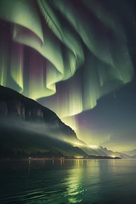 the night，Green aurora，Rolling mountains，sea surface，starlights，4K Ultra HD, 超高分辨率, (Photorealistic: 1.4), Best quality，Masterpiece，（pastel colour：1.2）