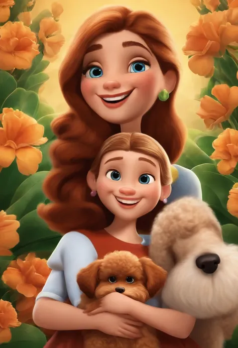 Create a poster inspired by Disney Pixar movies, apresentando um casal acompanhado por uma menina de altura mediana com cabelos castanhos escuros, Full lips and dark eyes and silly face together with brown poodle puppy girl, cachorrinho de pele bem cuidada...