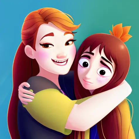 Create a Pixar Character

I am a woman with long dark brown hair and I have scars on my face
Im hugging other women who are sad
I have scars but I am helping others by hugging many other women who have been assaulted 

Im giving cuddles and hugs 
Im caring...