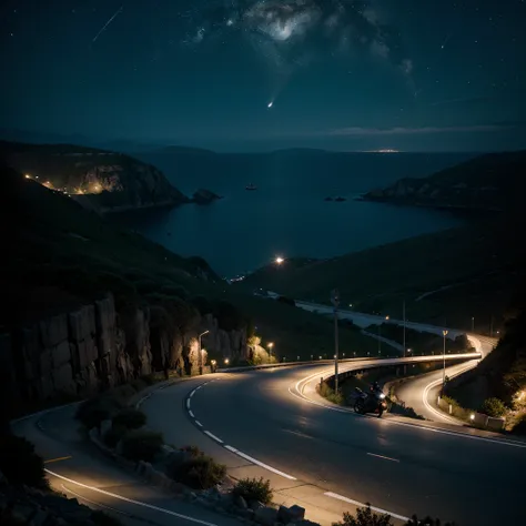 motorcyclists descending a winding road between the mountains by the sea with their motorcycles. Dark night with super moon reflecting in the sea and sky with many stars.