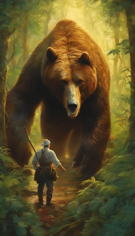 A middle-aged man with vicissitudes, Spear in hand, Hunt a brown bear in the jungle