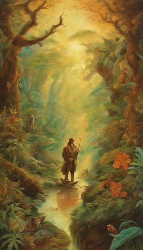 A middle-aged man with vicissitudes, Spear in hand, Hunt a brown bear in the jungle