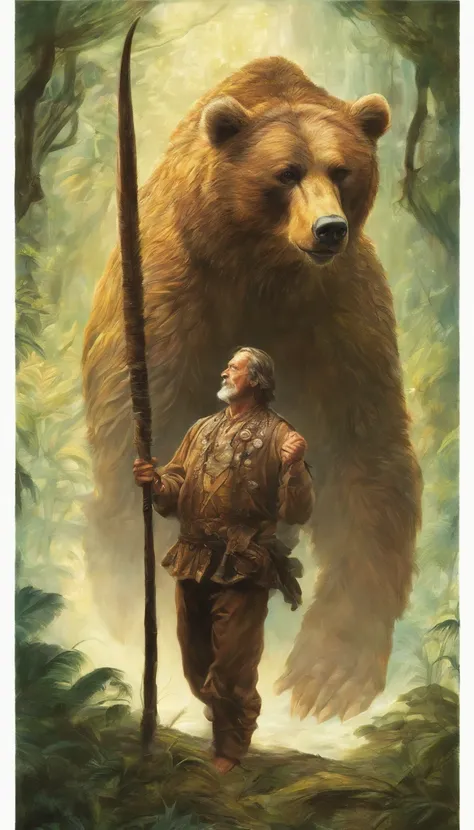 A middle-aged man with vicissitudes, Spear in hand, Hunt a brown bear in the jungle