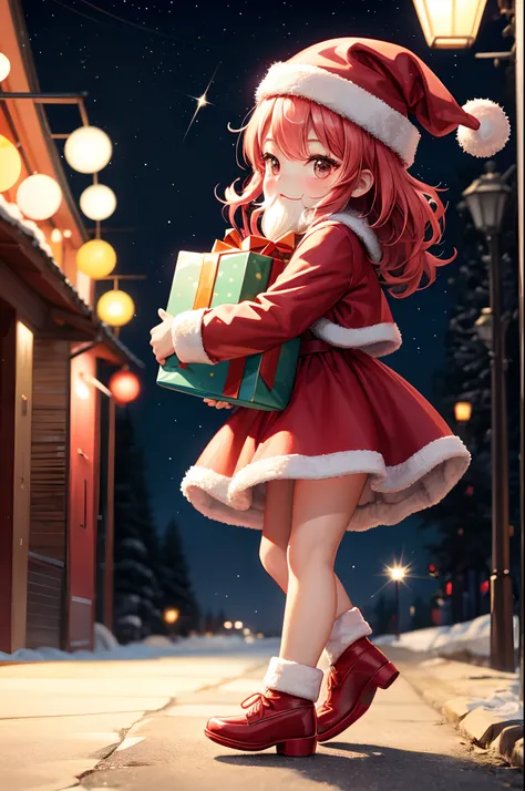 Santa Claus happily carrying presents、Santa is a pretty girl、Chibi Doll、Stars in the eyes（kirakira）、Eye Up、Laugh、Cute red shoes、foco nítido, Ultra Detail, radiant light、bio luminescent、Taken from the side、Stronger bokeh effect