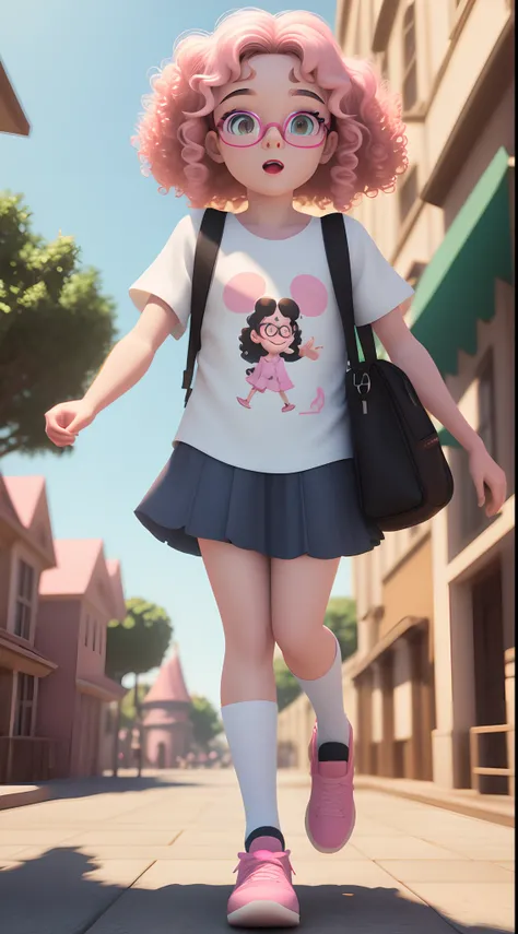 3D poster in Pixar style/Disney Capturing Scene With 04 Year Old Girl With White Skin Color Curly Hair With Pink Glasses