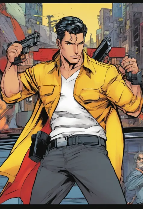 Homem com camisa preta, Black pants with gun holsters, Luvas, capacete de corrida preta vermelho amarelo, capacete, sem rosto, sai do nevoeiro